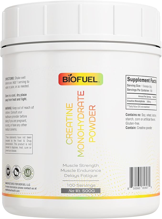 Biofuel Creatine Monohydrate Powder – Enhances Muscle Building Strength and Performance – 500g 100 Servings