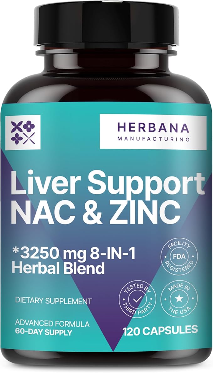 HERBANA MANUFACTURING Liver Support &amp NAC 120 Capsules with Milk Thistle Dandelion Root Chicory Turmeric Beet Root Chanca Piedra