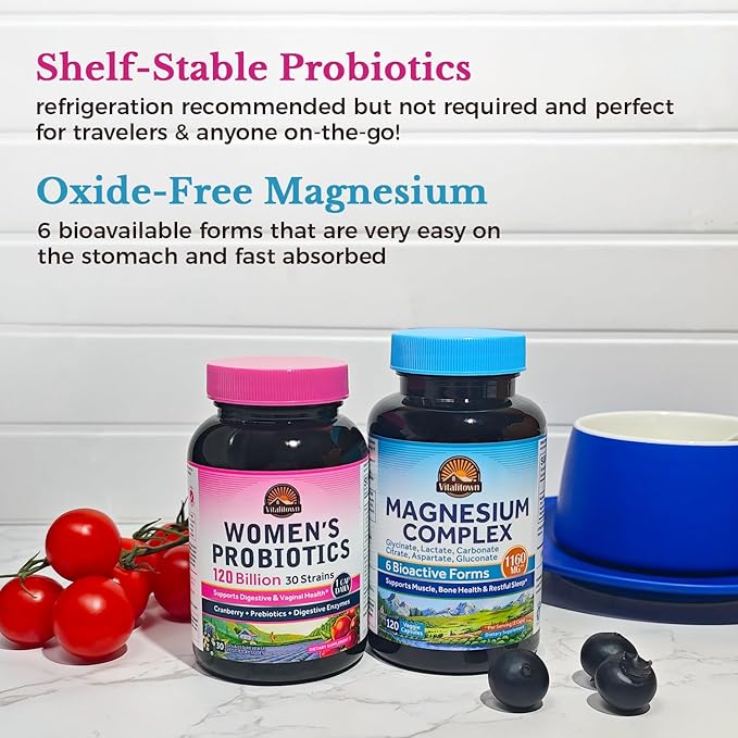 Vitalitown Probiotic + Magnesium Bundle (Pack of 2) | Women's Probiotics (Item 1) &amp Magnesium Complex (Item 2) | 30 Probiotic Capsules &amp 120 Magnesium Capsules