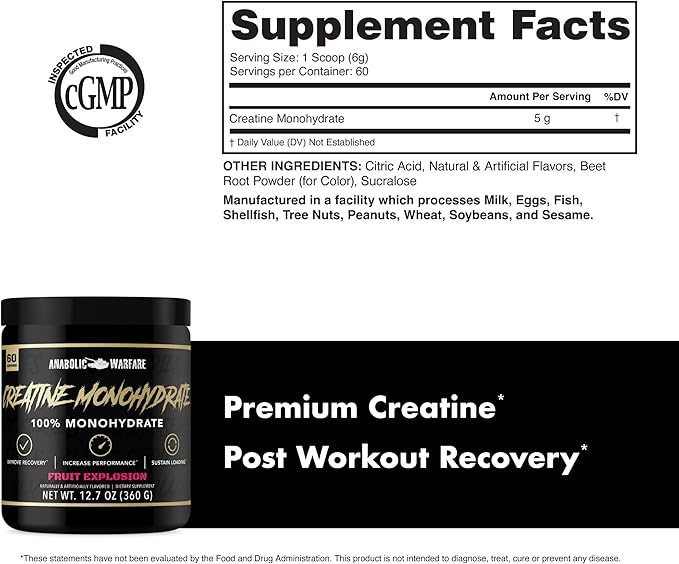 Anabolic Warfare Creatine Monohydrate Post Workout Recovery Increase Performance Sustain Loading Premium Creatine* (Fruit Explosion - 60 Servings)