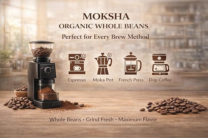 Moksha Organic Espresso Coffee Beans Dark Roast Low Acid Non-GMO Whole Coffee Beans. The Hustle Shot Roasted in Small Batches. Rich Notes of Chocolate and Nuts - 12 OZ (18 Double Shots)