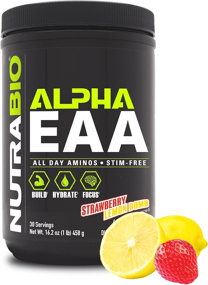 NutraBio Alpha EAA - All-Day Amino Acids for Muscle Growth and Hydration - Essential Amino Acids with Nootropics &amp Adaptogens- Full Spectrum EAA BCAA Powder - 30 Servings - Strawberry Lemon