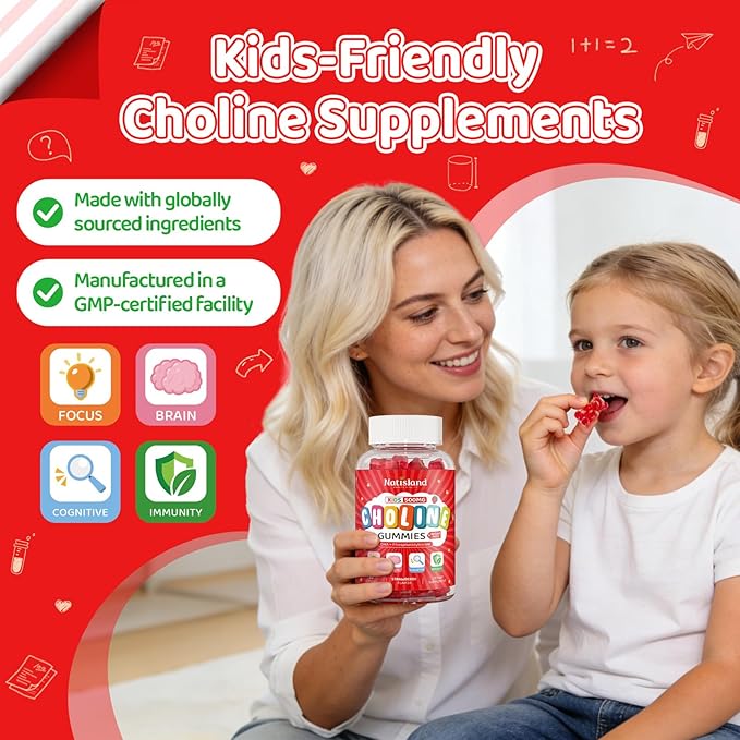 Choline Gummies for Kids &amp Adults Choline Supplements 500mg with DHA Phosphatidylserine for Brain Health Focus Immune Support Sugar-Free Vegan Strawberry Flavor 60 Gummies