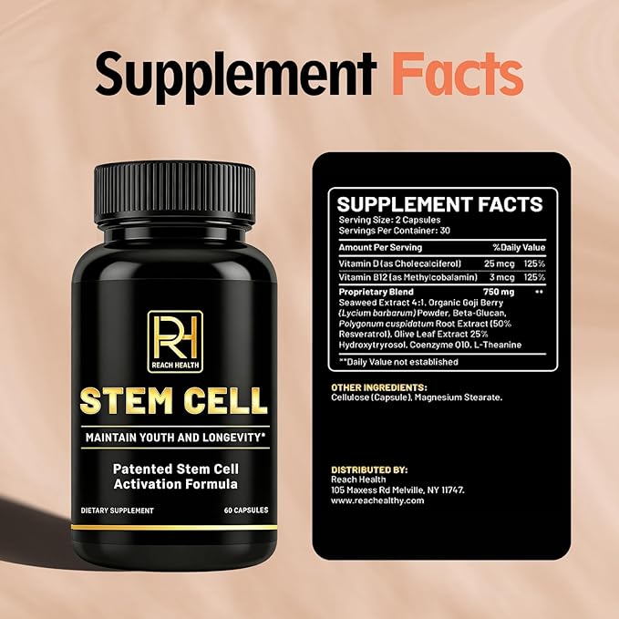 Stem Cell Activation Formula 60 Capsules with Vitamin D and B12 Youth and Longevity Support Maintain Youth and Longevity Patented StemCell Activation Fomula (1 Bottle (60 softgels))