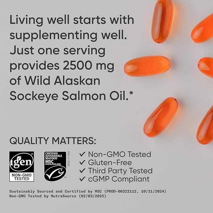 Sports Research® Salmon Oil - Single-Source Wild Alaskan Sockeye | 2500 mg per Serving w/EPA &amp DHA Fatty Acids | MSC Certified - 180 Count Softgels