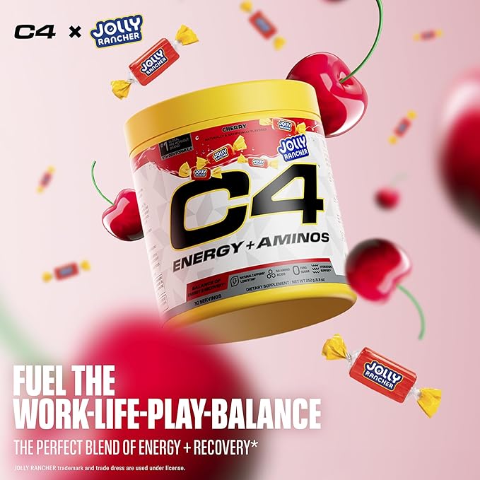 C4 Energy + Aminos Powder Jolly Rancher Cherry 5g BCAAs &amp EAAs for Muscle Recovery 3 Electrolytes for Hydration 100mg Natural Caffeine Pre Workout Zero Sugar 30 Servings