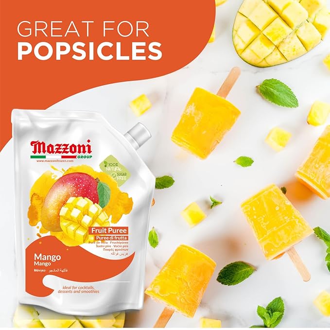 Mazzoni Mango Puree Juice 100% Pure Mango Lassi Just Fruit Nectar No Sugar Added 2.2 lbs (35.2 oz) Real Fruit Mixer for Cocktails Drinks Smoothies Convenient Pouch Made in Italy (Pack of 2)