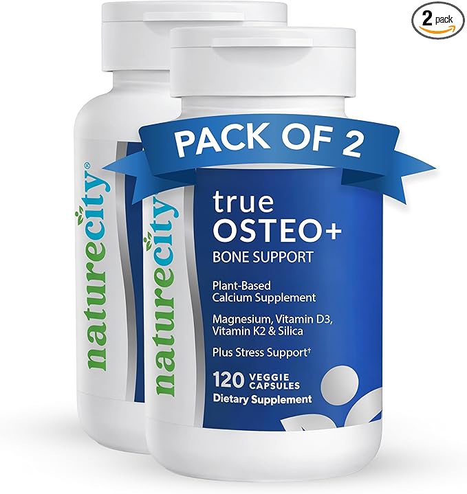 NatureCity True-Osteo+ Bone Support with Ashwagandha – for Strength &amp Density – Plant-Based Calcium with Organic AlgaeCal Magnesium Vitamin D3 K2 Silicon &amp Stress Support | 240 Veggie Caps