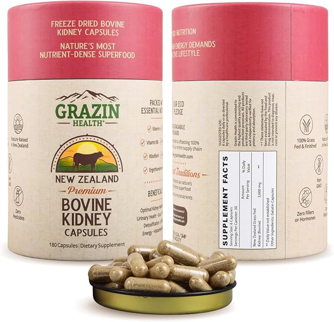Grass Fed Bovine Kidney Capsules 3000mg | Whole Food Kidney Support Supplement from Pasture-Raised New Zealand Beef Organs | Non-GMO Hormone-Free Nutrient-Dense 30 Servings