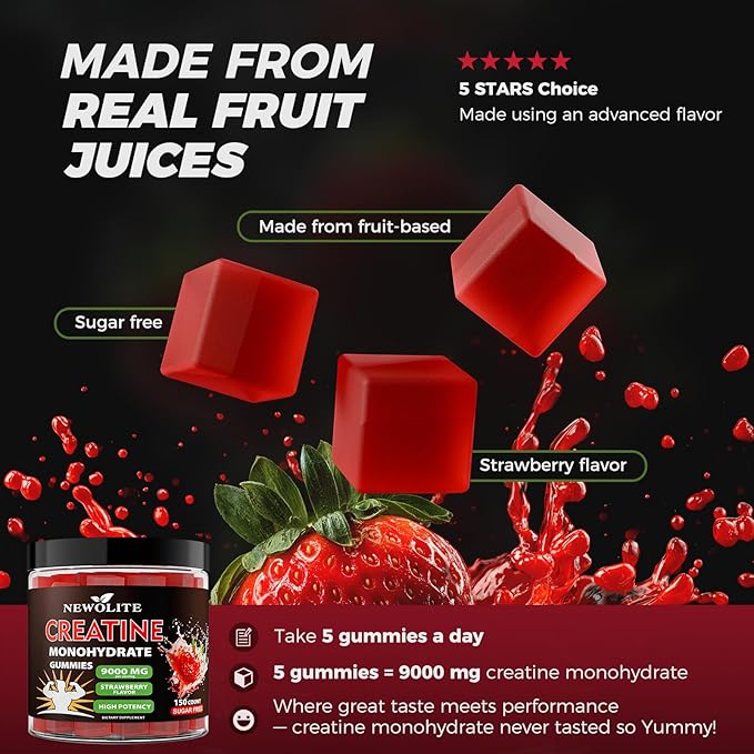 Creatine Monohydrate Gummies 9000mg Sugar-Free Strawberry Flavor – Daily Creatine Supplement for Men &amp Women 150 Count