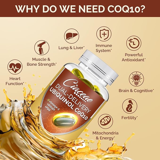 Ubiquinol CoQ10 600 MG Softgels with Omega-3 &amp Shilajit &amp PQQ Advanced Dual-Delivery Coenzyme-Q10 Active CoQ10 Ubiquinol Supplement for Fertility Antioxidant Heart Brain &amp Energy 120