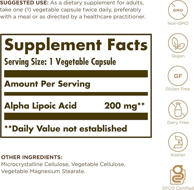 Solgar Alpha Lipoic Acid 200 mg 50 Vegetable Capsules (Pack of 3) - Antioxidant Support - Helps to Recycle Glutathione Vitamin C &amp E CoQ-10 - Non-GMO Vegan Gluten Free Dairy Free Kosher - 1