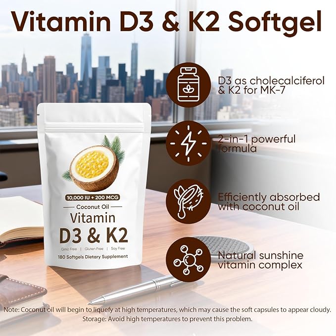 CrownHer Naturals D3 K2 Real Good Essentials Vitamin D3 10000 IU + K2 200 MCG Vitamin D3 &amp K2 Coconut Oil Softgels Capsules for Bone Immune Health Boosts Energy &amp Calcium Absorption 180 G