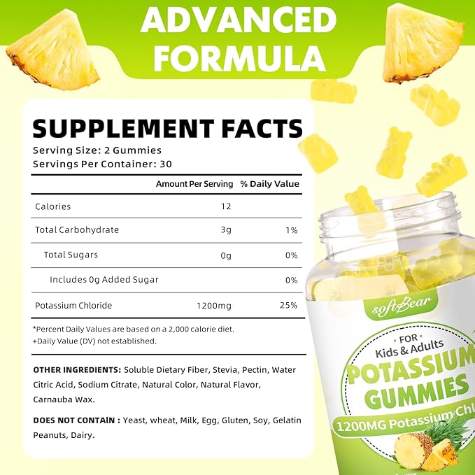 softbear Potassium Chloride Gummies 1200mg Sugar-Free Potassium Gummies for Adults Support Leg Cramps High Potency Potassium Chloride Supplement Pineapple Flavor 120 Count