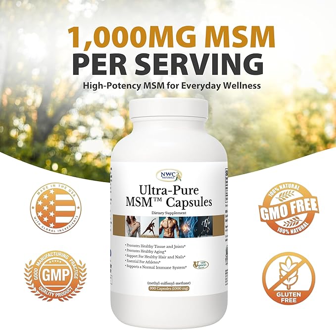 NWC Naturals Ultra-Pure MSM Capsules 300ct Bottle 1000mg Pure MSM for Joint Support