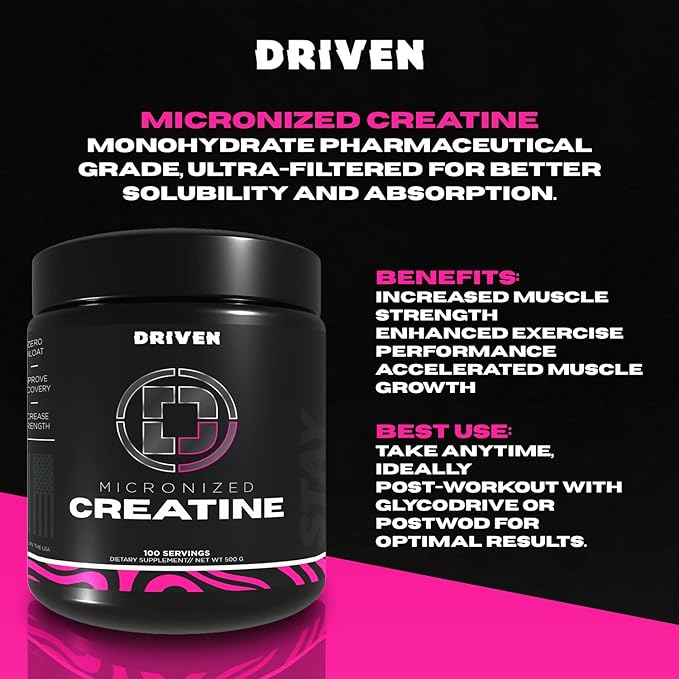 Driven Nutrition Micronized Creatine Monohydrate Powder – 500g | Pure Unflavored 5g Per Serving | Muscle Strength Power Endurance &amp Recovery Supplement