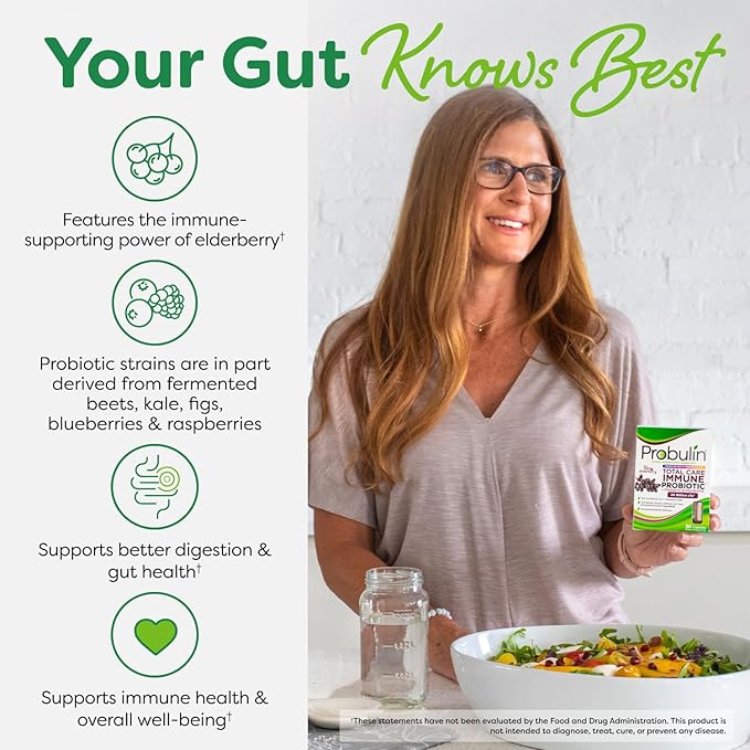 Probulin Total Care Immune = Prebiotics + Probiotics + Postbiotics + Elderberry to Support Immune &amp Gut Health - 20 Billion CFU - 10 Strains - 30 Vegan Capsules (Twin Pack)