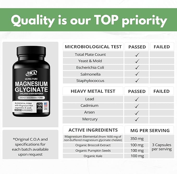Pure Magnesium Glycinate Capsules - Non-Buffered 350mg Elemental Magnesium Supplement - Chelated High Absorption &amp Purity Magnesium Complex - Made in USA