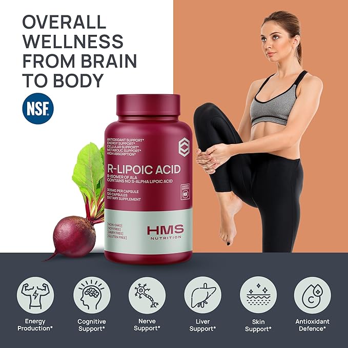 HMS Nutrition Stabilized R-Lipoic Acid 300mg per Serving — Pure R Alpha Lipoic Acid (R-ALA) High Potency Active R Isomer Antioxidant Nerve &amp Metabolism Support — NSF Certified Non-GMO Vegan 120Cap