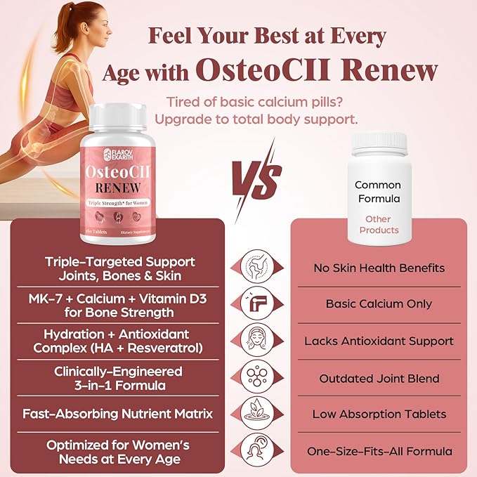 Joint Supplements for Women OsteoCII Renew Triple Strength – Advanced Joint Bone &amp Skin Formula – Collagen Glucosamine Chondroitin Calcium MK-7 Vitamin D3 Hyaluronic Acid 360 Tablets