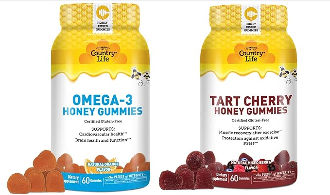 Country Life® Tart Cherry &amp Omega-3 Honey Gummies - Bundle - Non-GMO - Certified Gluten Free