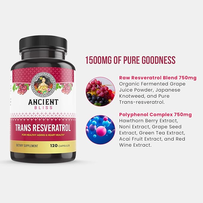 Ancient Bliss Resveratrol Powerful Antioxidant Supplement with Green Tea Grape Seed Extract for Healthy Aging for Men &amp Women