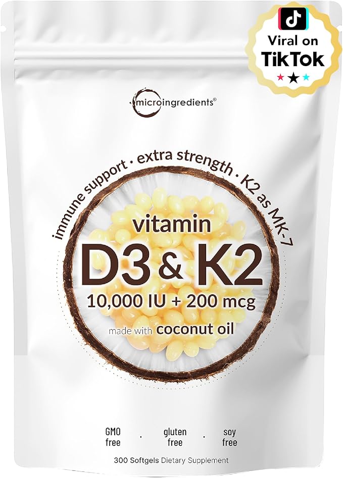 Micro Ingredients Vitamin D3 10000 IU + K2 MK-7 200 mcg 300 Softgels with Virgin Coconut Oil | 2-in-1 Vitamins D &amp K Complex | Extra Strength Easy to Swallow Non-GMO Gluten Free