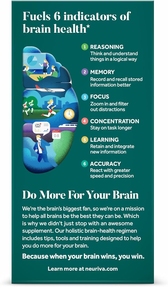NEURIVA Plus Brain Supplement for Memory and Focus Clinically Tested Nootropics for Concentration for Mental Clarity Cognitive Enhancement Vitamins B6 B12 Phosphatidylserine 30 Capsules