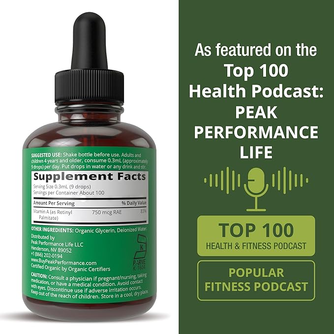 USDA Organic Vitamin A Liquid Drops Supplement - Vegan High Bioavailability for Eye Skin + Bone Health - for Adults Men Women Kids - Vit A Oil Retinyl Palmitate - Gluten Free Zero Sugar 1 fl oz