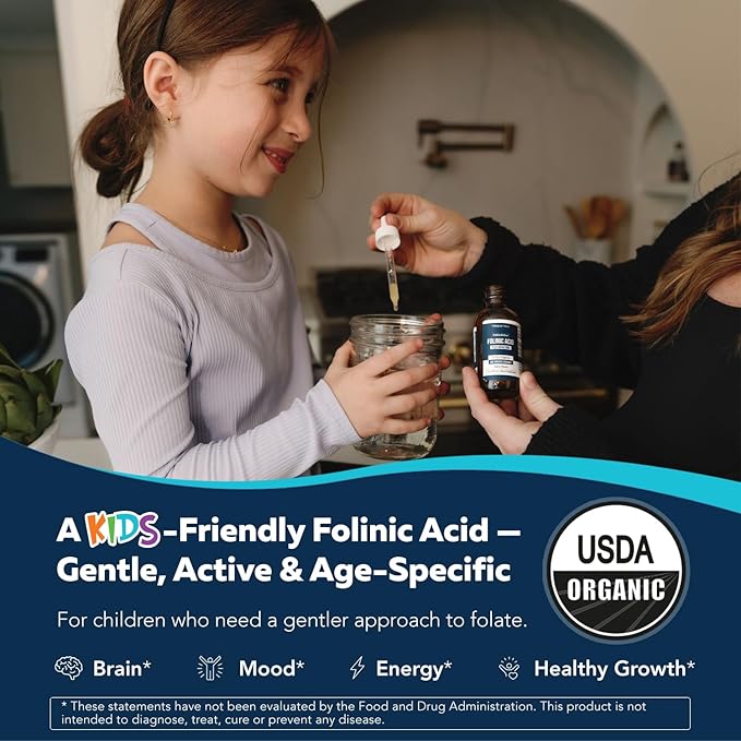 Organic FolinicActive Kids - Folinic Acid + B12 B6 &amp B2 Cofactors - Gentle Methylation Support for Mood Energy &amp Cognition Age Adjustable Dosing for Kids 1-18 Non GMO Vegan Berry Flavor