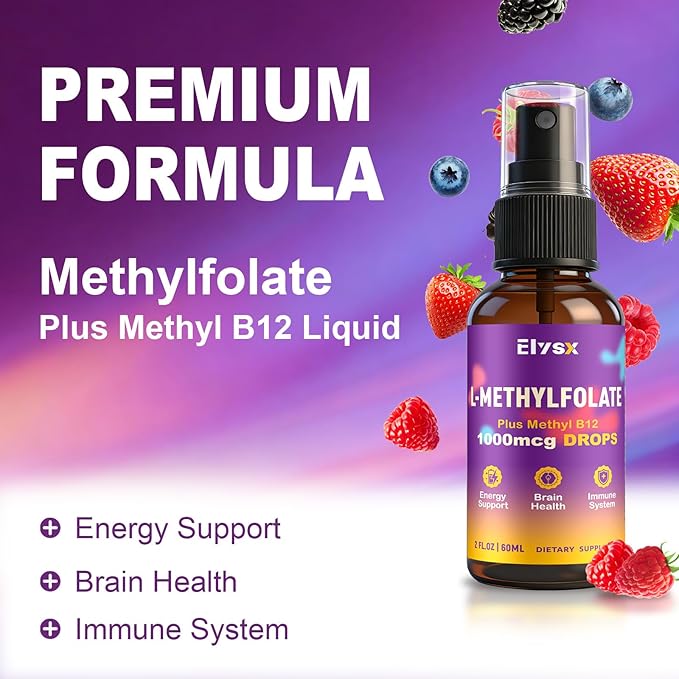 Liquid Methylfolate &amp B12 Spray Methylated Folate Drops for Kids &amp Adults with Choline TMG &amp Vitamins MTHFR Support Brain Health Immunity 2 Fl Oz