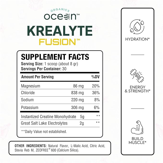 Organics Ocean Krealyte Fusion - Instantized Creatine Monohydrate Powder with Electrolytes - Muscle Strength Endurance &amp Hydration Support - Vegan Sugar-Free Pink Lemonade Flavor - 30 Servings