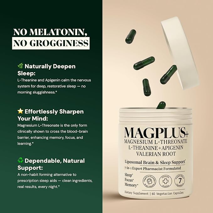 Magnesium L-Threonate with Apigenin Valerian Root &amp L-Theanine – No Melatonin Restful Sleep &amp Brain Supplement – Clinically Studied 7-Ingredient Formula – Memory &amp Focus – 60 Capsules
