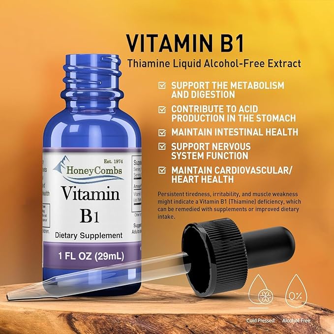 Vitamin B1 (Thiamine) Drops - High Potency Thiamine Vitamin B1 Extract - Vegan Alcohol-Free Non-GMO Vitamin Liquid - Maintain Nervous System Health Support Digestion &amp Boost Energy 1 Fl Oz.