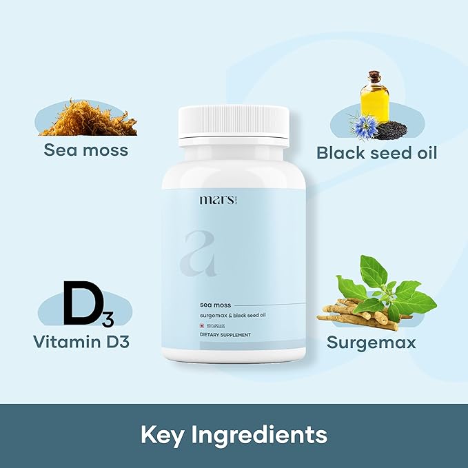 Mars Sea Moss Caps Surge Natural (60N) | Packed with 84 Essential Minerals | Powered with Black Seed Oil Surgemax &amp Vitamin D3 | Overall Well-Being - Pack of 1