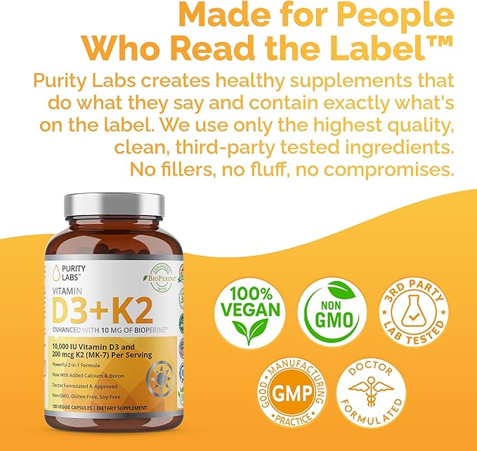 Purity Labs Vitamin D3 K2 10000 IU (250mcg) D3 + 200mcg K2 MK7 - Immune Support Supplement Enhanced with Bioperine - Supplements for Daily Defense Bone Muscle &amp Skin Health - 120 Capsules