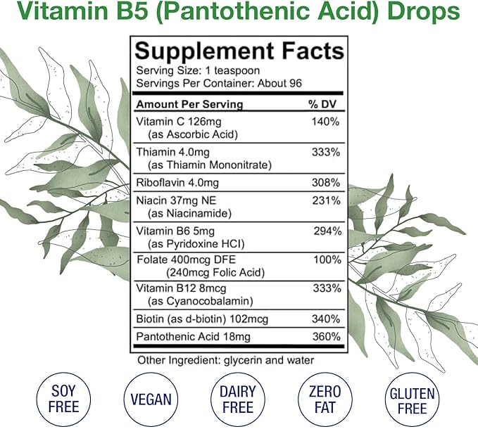 HoneyCombs Vitamin B5 Pantothenic Acid Supplement Liquid Drops - High Potency Vitamin B5 for Men &amp Women - Maintain Healthy Hormones Immune System Hair Skin Nail - Vegan Liquid Vitamins (16 Fl