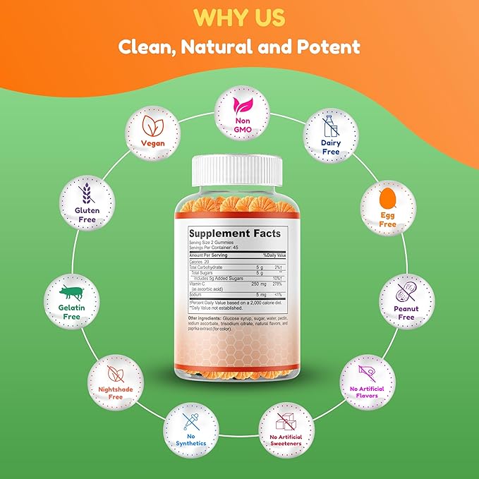 SHIFAA NUTRITION Vegan Vitamin C Gummies | 90 Gummies 250mg 45 Servings | Non-GMO | Gluten-Free Gelatin-Free | Immune Support Gummy &amp Seasonal Support for Kids &amp Adults Halal Vitamins