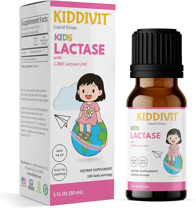 Kiddivit Lactase Kids Drops 1000 Units – 50 Daily Servings 1 FL OZ (30 mL) – Lactose Digestion &amp Colic Relief – Sugar Free Gluten Free Vegetarian Friendly
