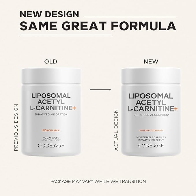 Codeage Liposomal Acetyl-L-Carnitine+ Supplement - 500 mg Acetyl-L-Carnitine per Serving - 3-Month Supply Liposomal Delivery - Alcar Supplement - L-Carnitine - Non-GMO Gluten-Free 90 Capsules