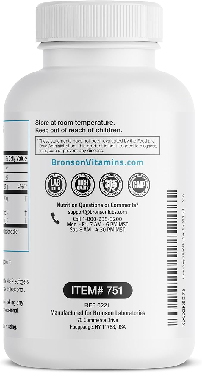Bronson Omega 3 Fish Oil Triple Strength 2720 mg High EPA 1250 mg DHA 488 mg Non-GMO Heavy Metal Tested 180 Softgels