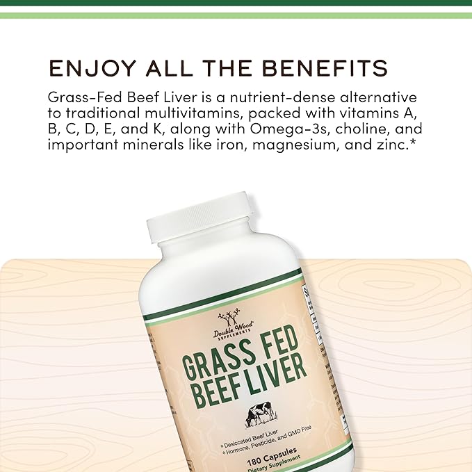 Grass Fed Beef Liver Capsules (1000mg of Grass Fed Desiccated Beef Liver per Serving 180 Capsules 3 Month Supply) Supplement for Digestion Immune Health Energy and Wellness by Double Wood