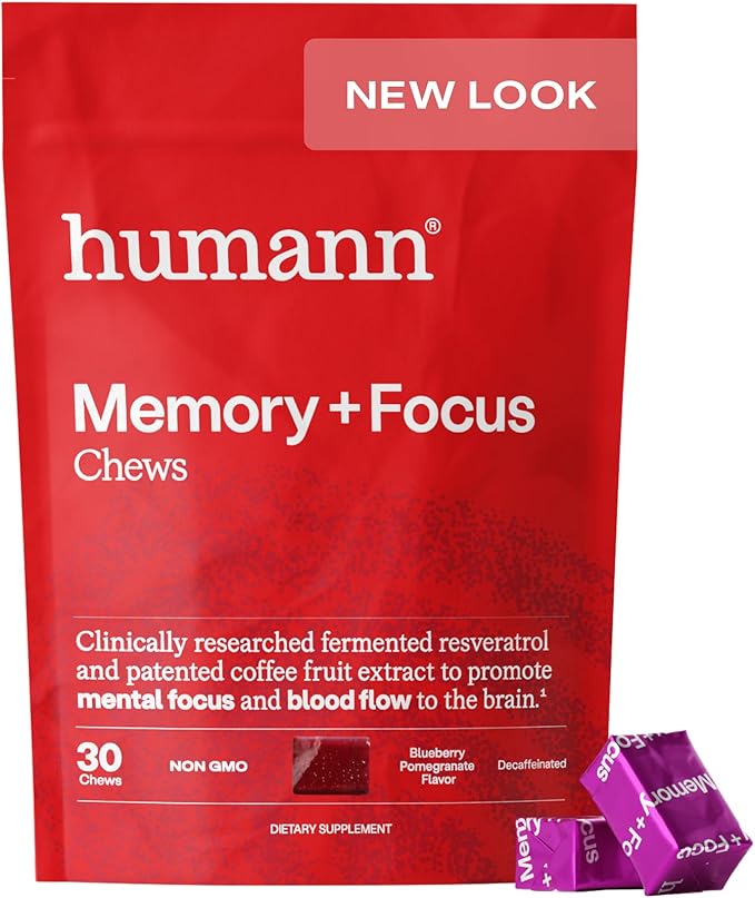 Humann Memory and Focus Chews Brain Supplement for Mental Alertness with Beet Root Powder Clinically Studied Nootropics Resveratrol Plus Beet Root Powder Blueberry Pomegranate Flavor 30 Count