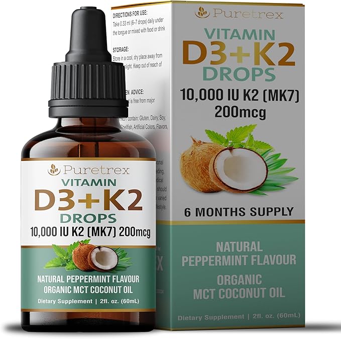 Vitamin D3 + K2 Drops 10000 IU D3 with 200mcg K2 (MK7) Peppermint Flavour Organic MCT Coconut Oil 60mL 6 Month Supply