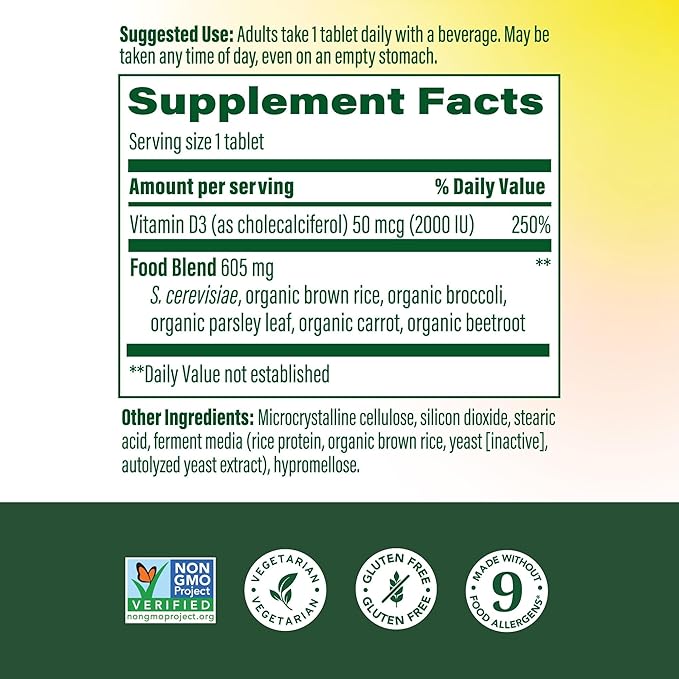 MegaFood Vitamin D3 2000 IU (50 mcg) - Vitamin D Supplements with Real Food Immune Support Supports Bones Teeth &amp Muscles Vegetarian Certified Non-GMO Kosher – 60 Tablets 60 Servings