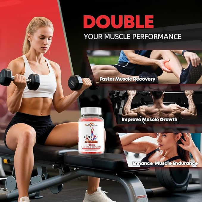 HMB and Leucine Amino Acid Gummies: HMB Supplements for Men Women with L-Glutamine for Muscle Growth Fast Workout Recovery Sugar Free Vegan Non-GMO Strawberry Flavored 30 Day Supply