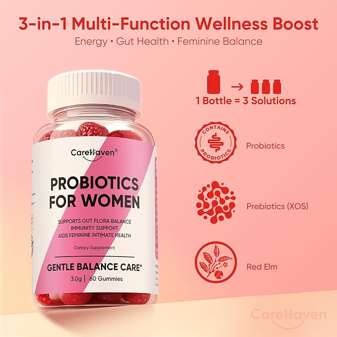 Probiotics for Women Gummies - Multiple Probiotics &amp Red Elm - Supports Gut Flora Feminine Health &amp Immune Function - 60 Active Daily Gummies (2PCS)