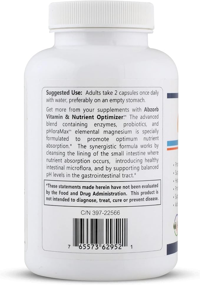 Abzorb - Vitamin &amp Nutrient Optimizer - Digestive Enzymes Probiotics &amp Magnesium Oxide Complex - Balance Intestinal Flora - Gut Health &amp Bowel Support - Dietary Supplement - 150 Caps