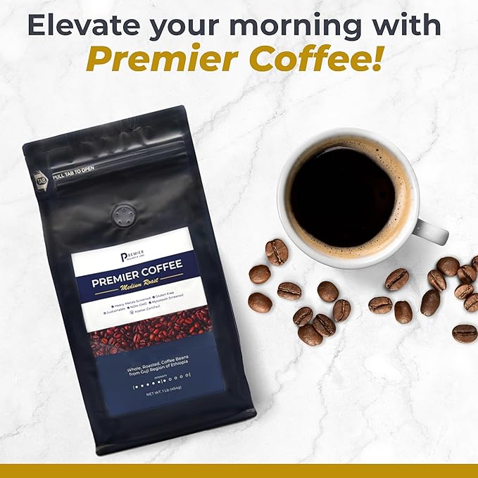 Premier Research Labs Organic Whole Roasted Coffee Beans - Medium Roast From Guji Region of Ethiopia Crafted for Optimal Health Benefits Sweet &amp Fruity Well-Balanced Gluten Free - 1 Pound