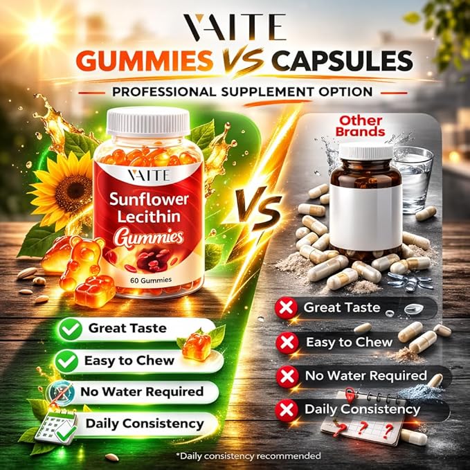 Sunflower Lecithin Extract Gummies 800mg - Vegan Non-GMO Soy-Free &amp Gluten-Free - Cognitive Health &amp Daily Nutrition - Easy-to-Digest Plant-Based Wellness Chews for Adults - 60 Chewables